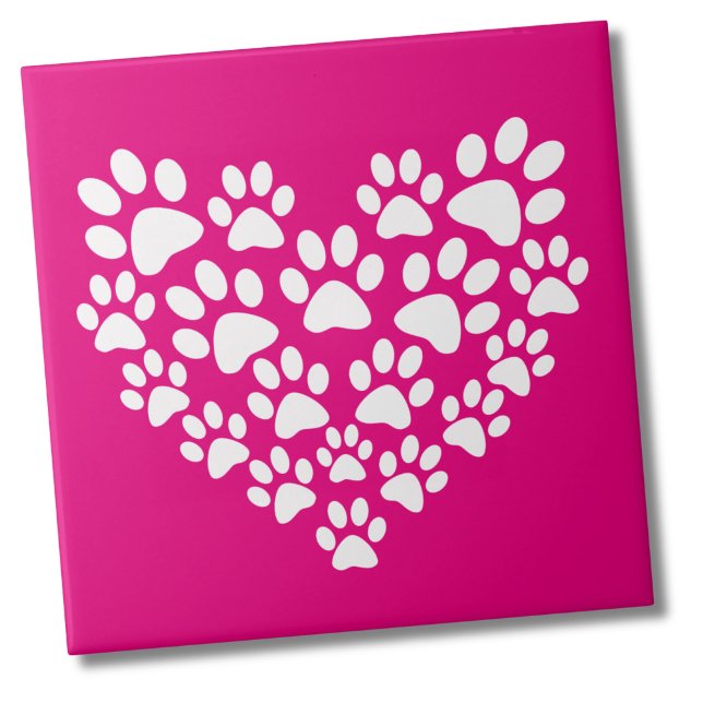 Impressão de Pata Coração Simples (Bright Pink Paw Print Heart Ceramic Tile)