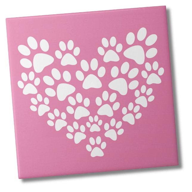 Impressão de pata rosa-coração-branca (Cute White Pink Paw Print Heart Ceramic Tile)