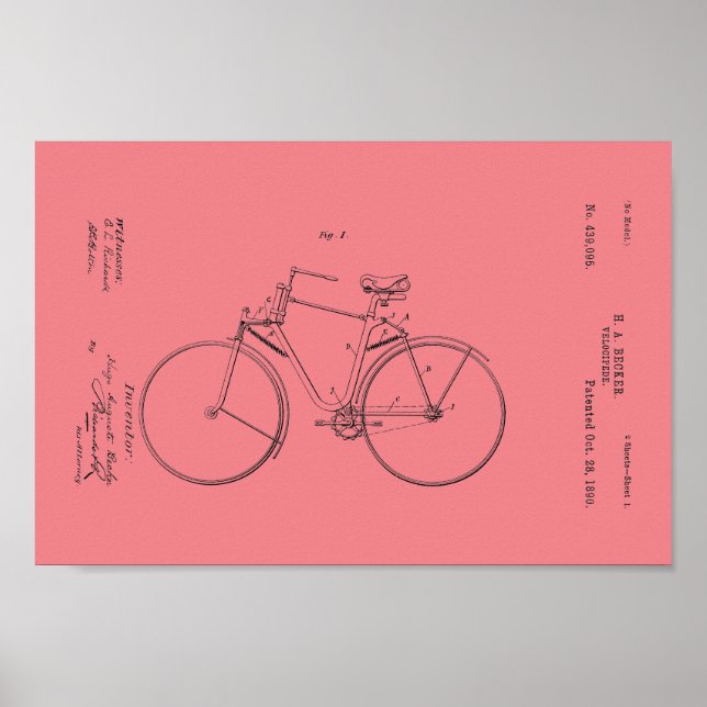 impressão de patente de bicicleta de 1890 Vintage (Frente)