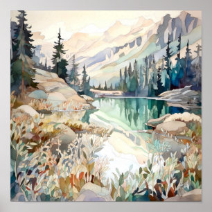 Impressão de pintura de água do lago de montanha