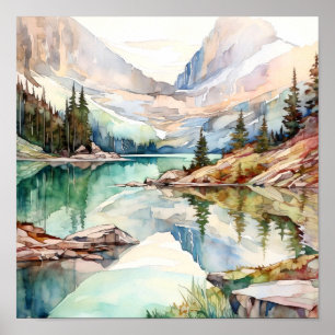 Impressão de pintura de água do lago de montanha