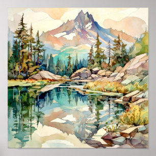 Impressão de pintura de água do lago de montanha