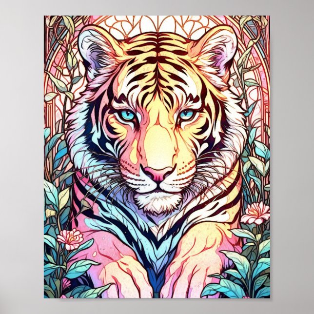 Impressão de Pintura Surreal de Tigre Grande Flora (Frente)