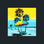 Impressão de Pop de Arte da Califórnia Beach<br><div class="desc">Experimente a diversão e a vibração de uma praia da Califórnia com nossa impressionante impressão de tela de pop. Apresentando cores brilhantes e ousadas em tons de azul e amarelo, esta palmeira captura a essência da praia com guarda-chuvas de praia brincalhões e palmeiras balançando. Segure-o na sua sala de estar,...</div>