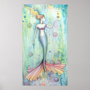 Impressão de Poster da Sereia em Aquarela Bolhas