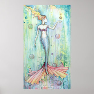 Impressão de Poster da Sereia em Aquarela Bolhas