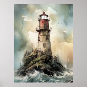 Impressão de Poster de farol de aquarela ilustrati
