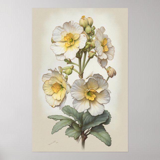 Impressão de Poster de Flores de Primrose Branca (Frente)