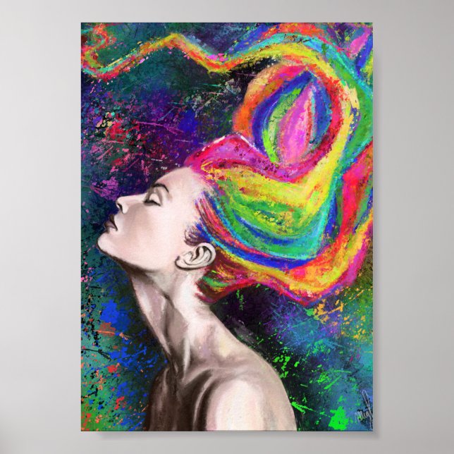 Impressão de Poster de Mulher de Cabelo Colorido (Frente)