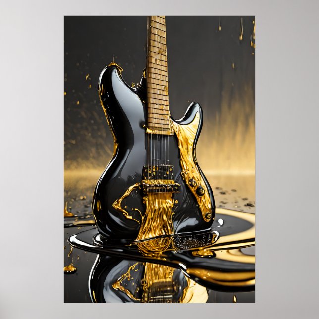 Impressão de Poster de violão preto e Dourado metá (Frente)