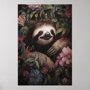 Impressão de Preguiça Botânica, Floral Dark Academ