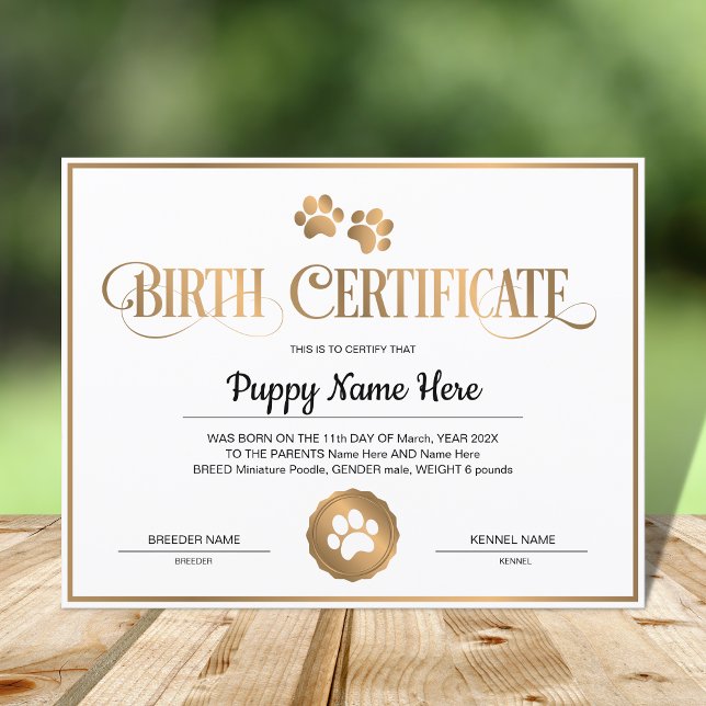 Impressão de Puppy Birds Certificate Paw (Criador carregado)