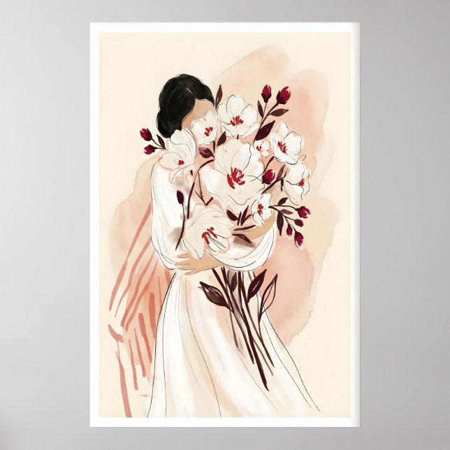 Impressão de Retrato Floral com Flores de Aquarela (Frente)