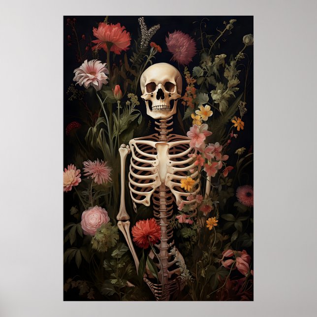 Impressão de retrato gótico esqueleto floral, escu (Frente)