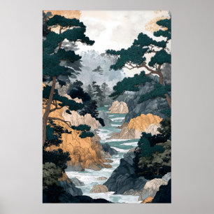 Impressão de Rio Florestal Japonês no Estilo Ukiyo