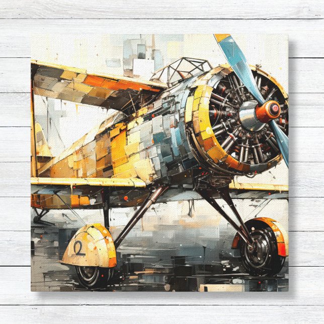 Impressão de Tela de Biplano Industrial abstrato (Abstract Vintage Biplane - Masculine Aviation Canvas - Office and Game Room Wall Art)