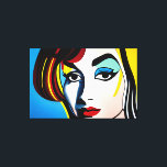Impressão de tela de retrato de pop Art<br><div class="desc">Apresentando nossa vibrante pintura a óleo de canvas, com um retrato colorido de uma pop-arte inspirada no estilo icônico do pop Roy Lichtenstein. Essa pintura captura a essência do movimento pop com cores ousadas, elementos gráficos e estética inspirada em quadrinhos. O retrato mostra uma mulher com traços exagerados e uma...</div>