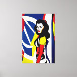 Impressão de tela de retrato de pop Art<br><div class="desc">Apresentando nossa vibrante pintura a óleo de canvas, com um retrato colorido de uma pop-arte inspirada no estilo icônico do pop Roy Lichtenstein. Essa pintura captura a essência do movimento pop com cores ousadas, elementos gráficos e estética inspirada em quadrinhos. O retrato mostra uma mulher com traços exagerados e uma...</div>