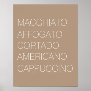 Impressão de tipos de café branco e de tom minimal