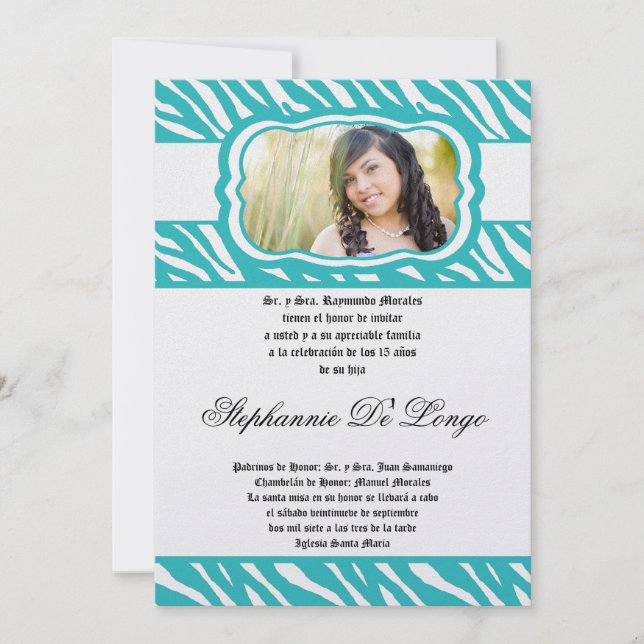 Impressão de Zebra Teal 5x7 Convite Quinceanera (Frente)