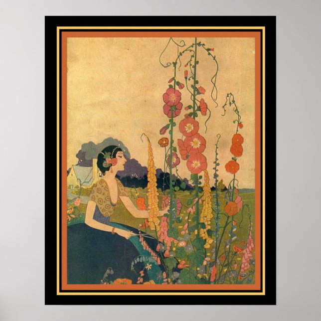 impressão Deco 1930 "Girl in a Flower Garden" 16 x (Frente)