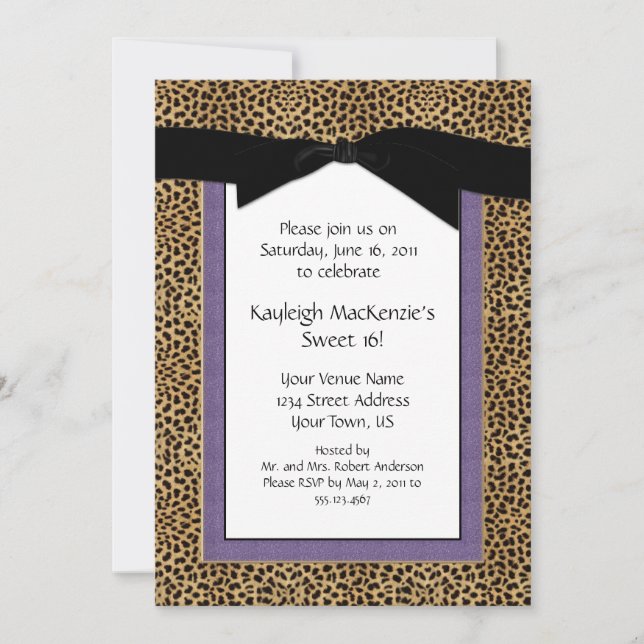Impressão do leopardo e convite roxo do doce 16 (Frente)