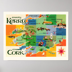Impressão do mapa Kerry & Cork da Irlanda