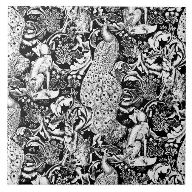 Impressão do pavão de Nouveau da arte, preto e (Frente)