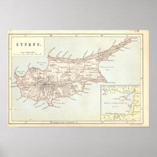 Impressão dos 1890's do mapa de Chipre do vintage