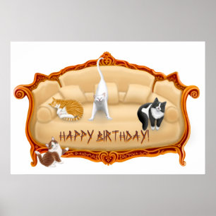 Impressão dos gatos do sofá do feliz aniversario