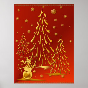 Impressão Dourado da árvore do boneco de neve e 