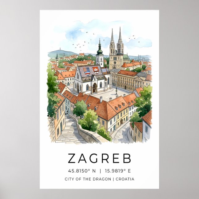 Impressão em Aquarela da Cidade de Zagreb, Torres  (Frente)