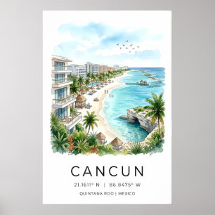 Impressão em Aquarela da Praia de Cancun, Palmeira