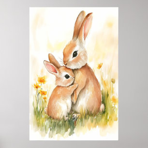 Impressão em Aquarela de Coelho, Mamãe e Filhote,