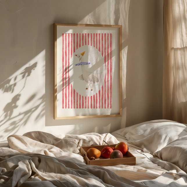 Impressão em Aquarela de Ganso Bobo Divertido (Framed Funny Silly Goose watercolor nursery print on wall above bed with fruit tray.)