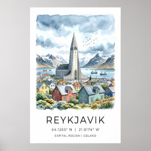 Impressão em Aquarela de Reykjavik, Hallgrímskirkj