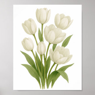 Impressão em Aquarela de Tulipas Brancas - Decoraç