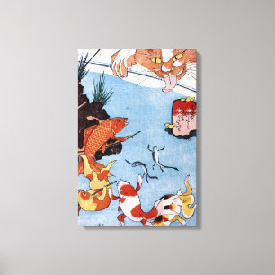 Impressão Em Tela 猫と金魚, gato do 国芳 e peixe dourado, Kuni