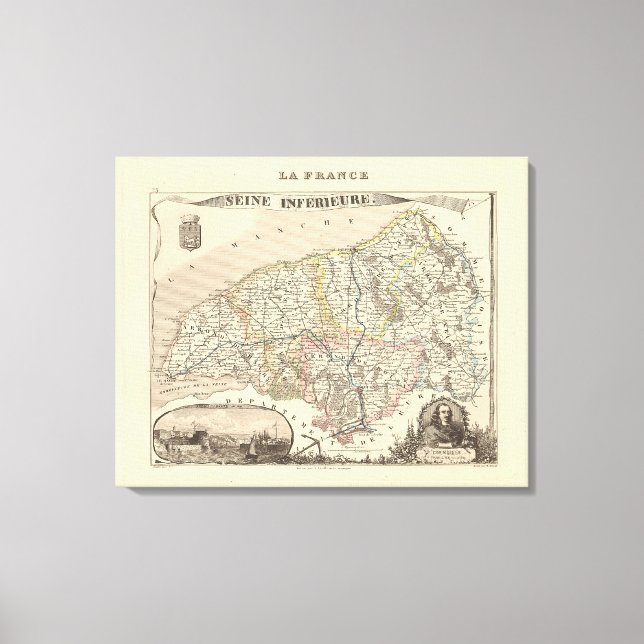 Impressão Em Tela 1858 Map of Seine Infereure Department, France Po (Frente)