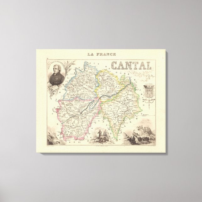 Impressão Em Tela 1858 Mapa do Departamento Cantal, France Poster (Frente)