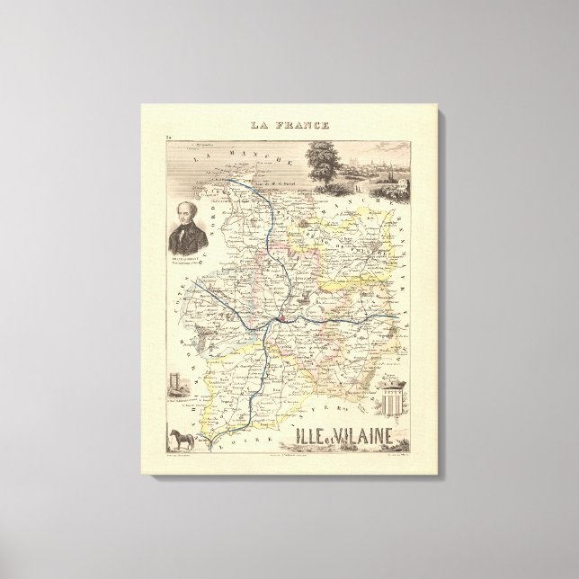 Impressão Em Tela 1858 Mapa do Departamento de Ille et Vilaine, Fran (Frente)