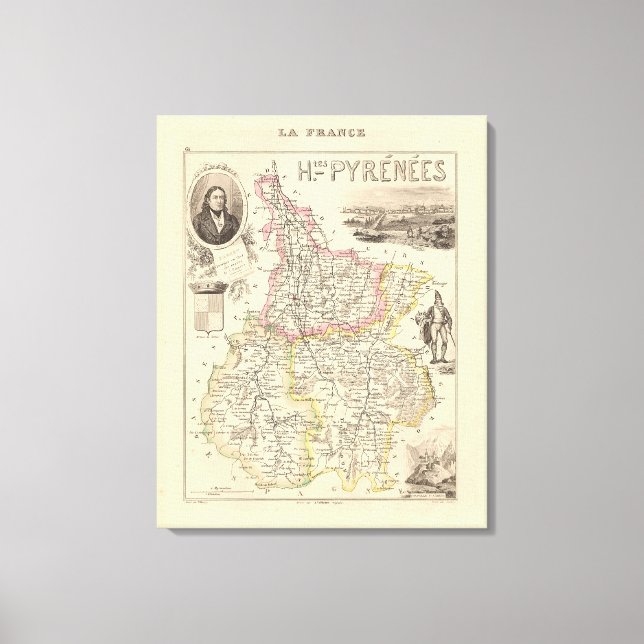 Impressão Em Tela 1858 Mapa do Departamento dos Pirenéus Hautes, Fra (Frente)