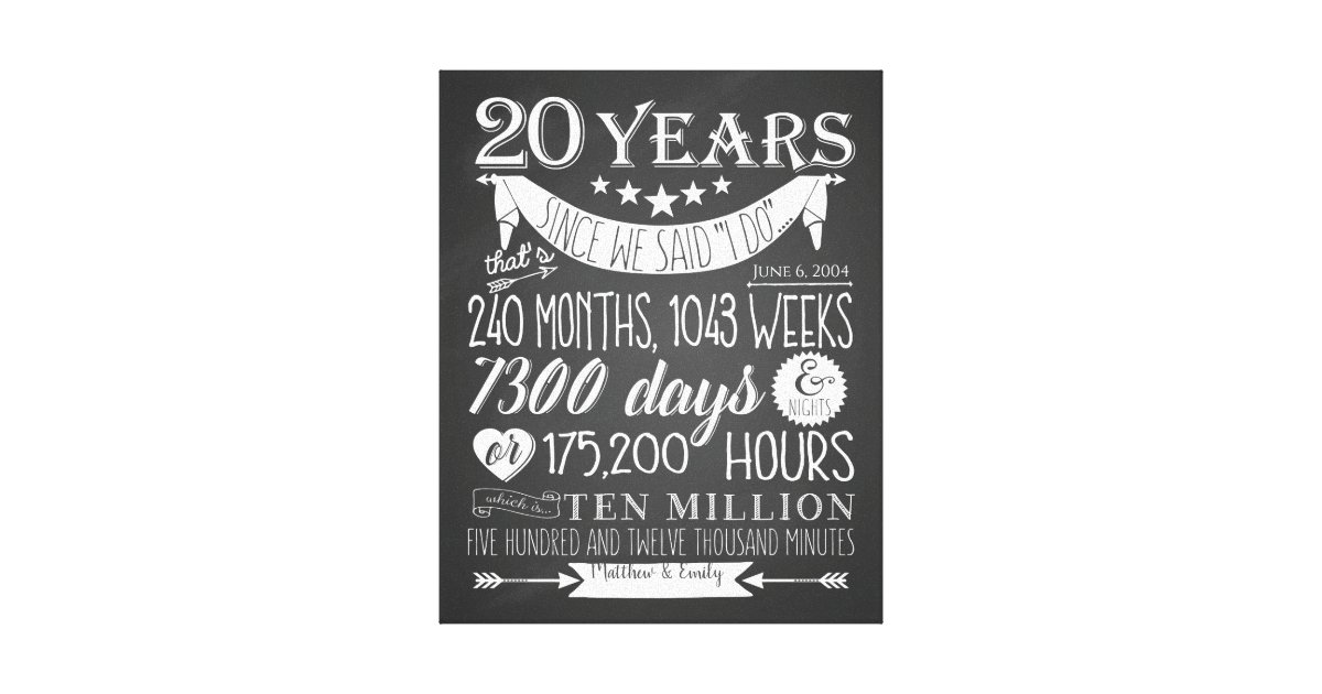 Impressao Em Tela 20o Aniversario De Casamento Quadro 20 Anos Zazzle Com Br