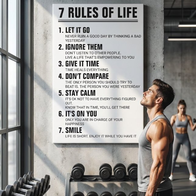Impressão Em Tela 7 Rules of Life Motivational Quote Modern Script (7 Rules of Life Motivational Quote Modern Black & White Inspirational Wall Art | Gym Motivation)