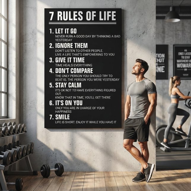Impressão Em Tela 7 Rules of Life Motivational Quote Modern Script (7 Rules of Life Motivational Quote Modern Black & White Inspirational Wall Art)