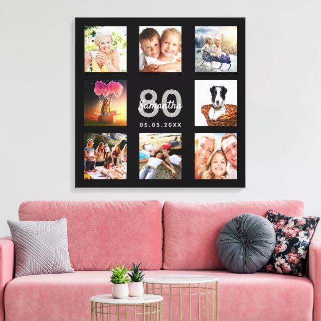 Impressão Em Tela 80 aniversário de foto personalizada colagem monog (Insitu(Sala de estar))