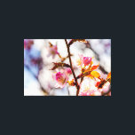 Impressão Em Tela A Arte De Cereja Explodiu Em Um Dia Sunny<br><div class="desc">Flores solares da sakura, de cor rosa macio, num ramo vertical de uma cerejeira. Fundo branco, roxo, azul. O festival de luz, cores e vida. Uma pintura digital muito grande a partir de uma fotografia. Impressão floral esticada de tela para decorar seu lugar ou para ser usada como presente em...</div>