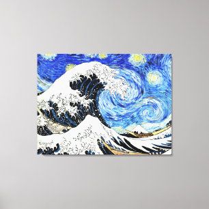 Impressão Em Tela A Grande Onda de Kanagawa em Noite Estrelada