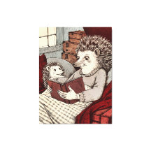 A hedgehog in a blanket reading a book to a young 