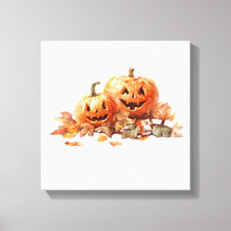 Impressão Em Tela Abóboras de Halloween em Aquarela com Folhas de Ou